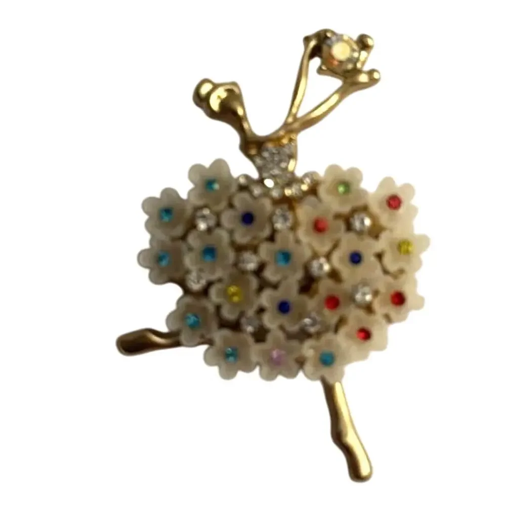 Gold Tone Rhinestone Faux Pearl Ballerina Brooch Pin MWT